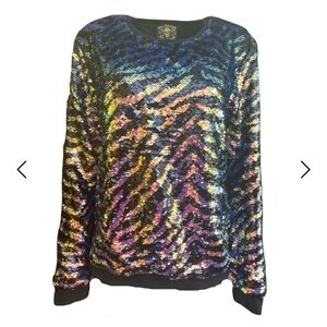 Any Old Iron Women's Iridescent Zebra Reversible Blue Sequin Sweatshirt SZ Small
